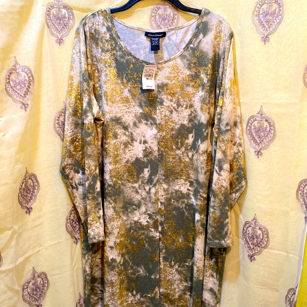 NWT ASHLEY STEWART GREEN/GOLD/CREAM LONG SLEEVE MAXI DRESS SCOOP NECK SZ…